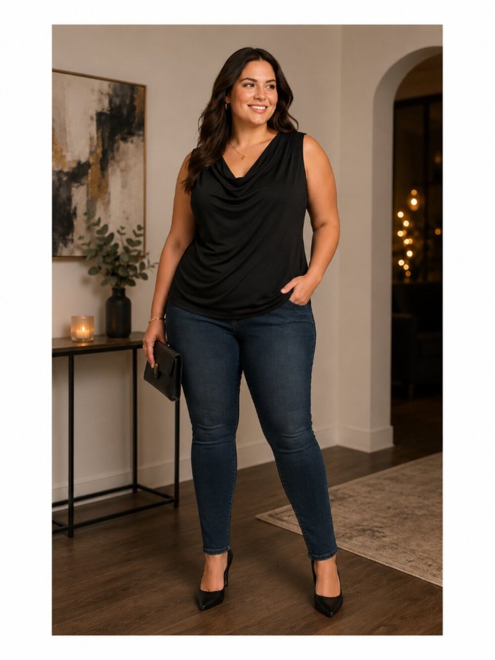 Tahari XL Black Sleeveless Cowl Neck Blouse Stretch Knit Top